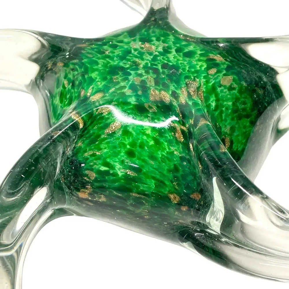 Glass Paperweight Green Gold Flecks Starfish Coastal